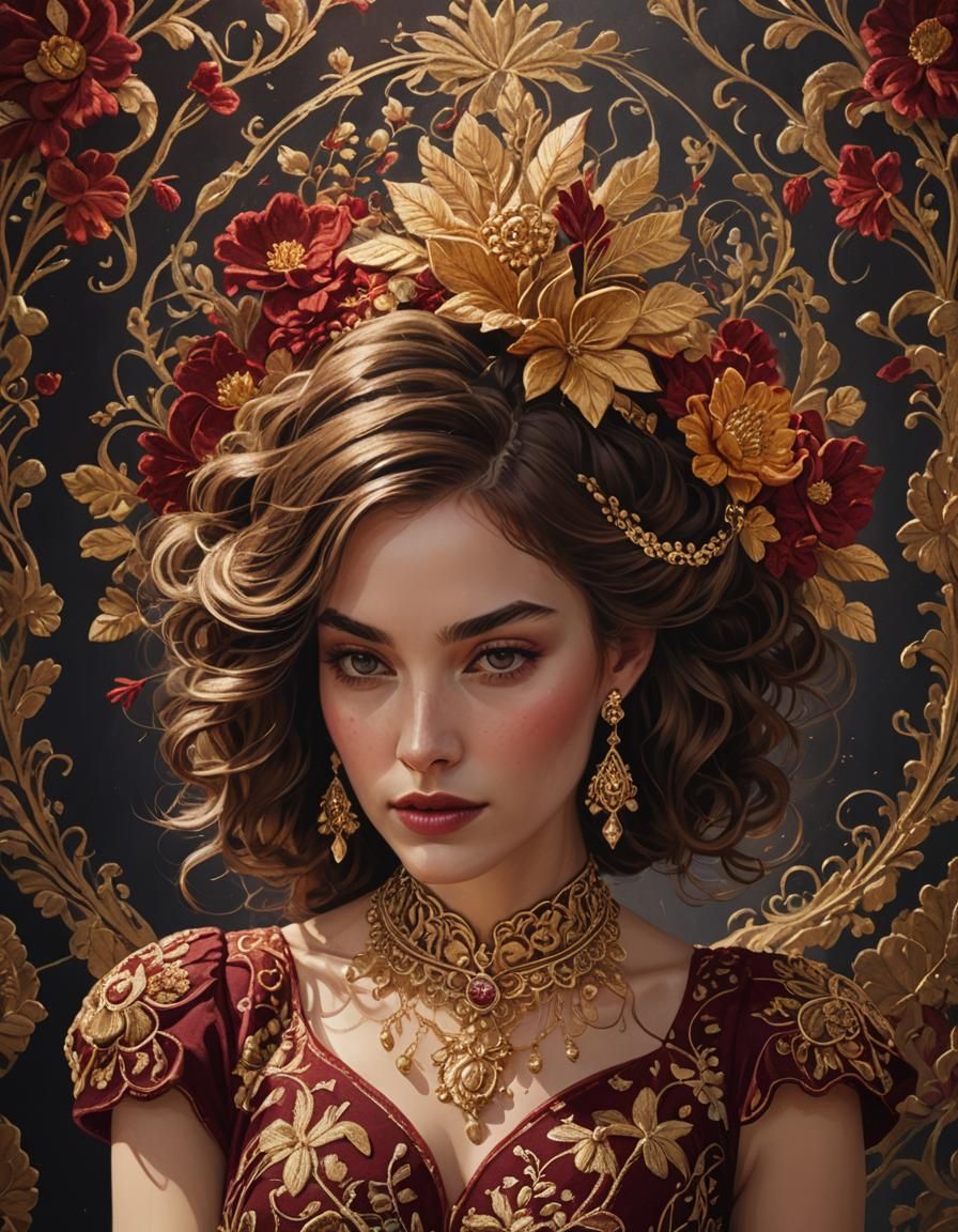 Elegant Woman in Red Dress: Digital Art Portrait