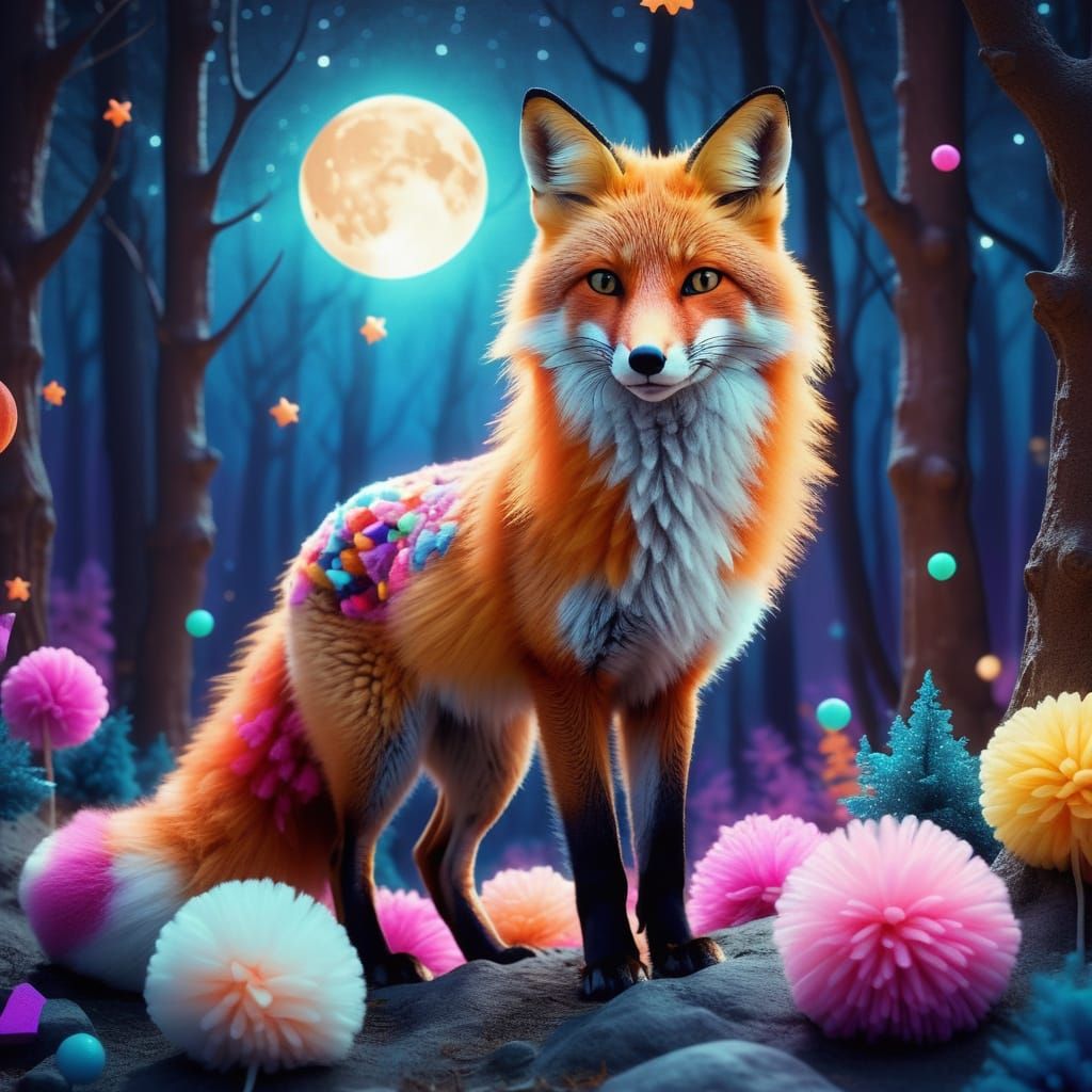Pom Pom Fox in Moonlit Forest: Whimsical Fantasy Art