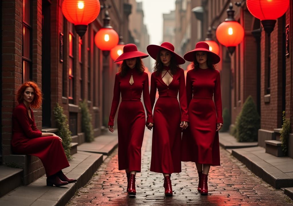 Red-Clad Women Stroll Down Red-Lit Cobblestone Street