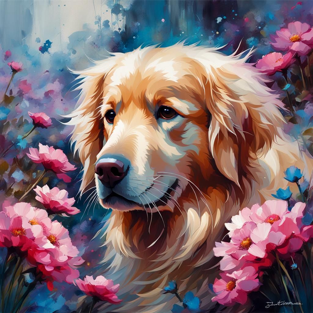Golden Retriever Portrait with Flowers as Oil Painting