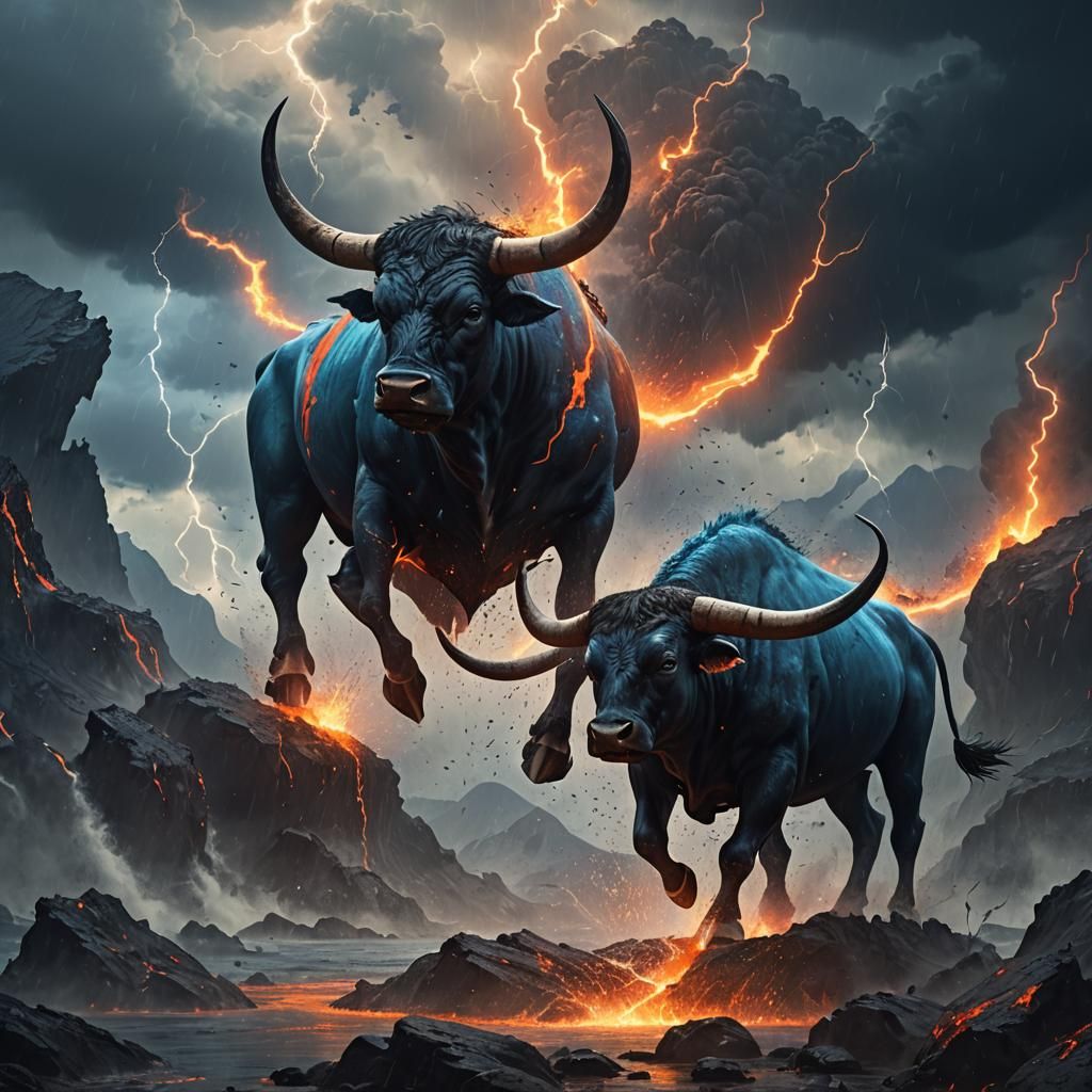 Fiery Bull Amidst Volcanic Eruption in Concept Art