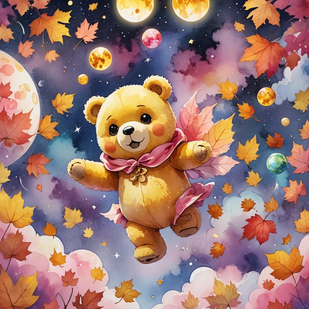 Anime Teddy Bear on Cloud in Watercolor Style