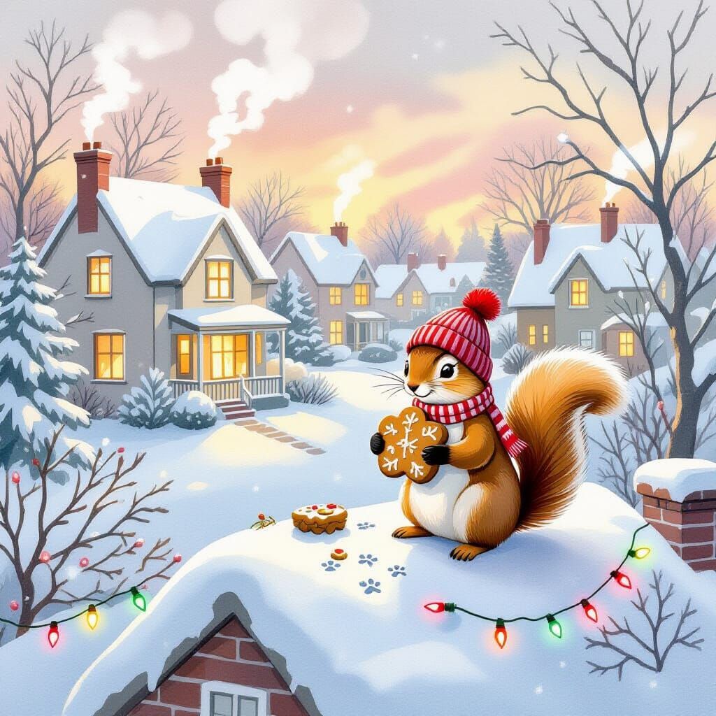 Cozy Winter Neighborhood with Squirrel, Watercolor Style