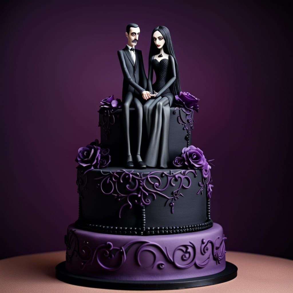 Gothic Wedding Cake with Addams Family Topper