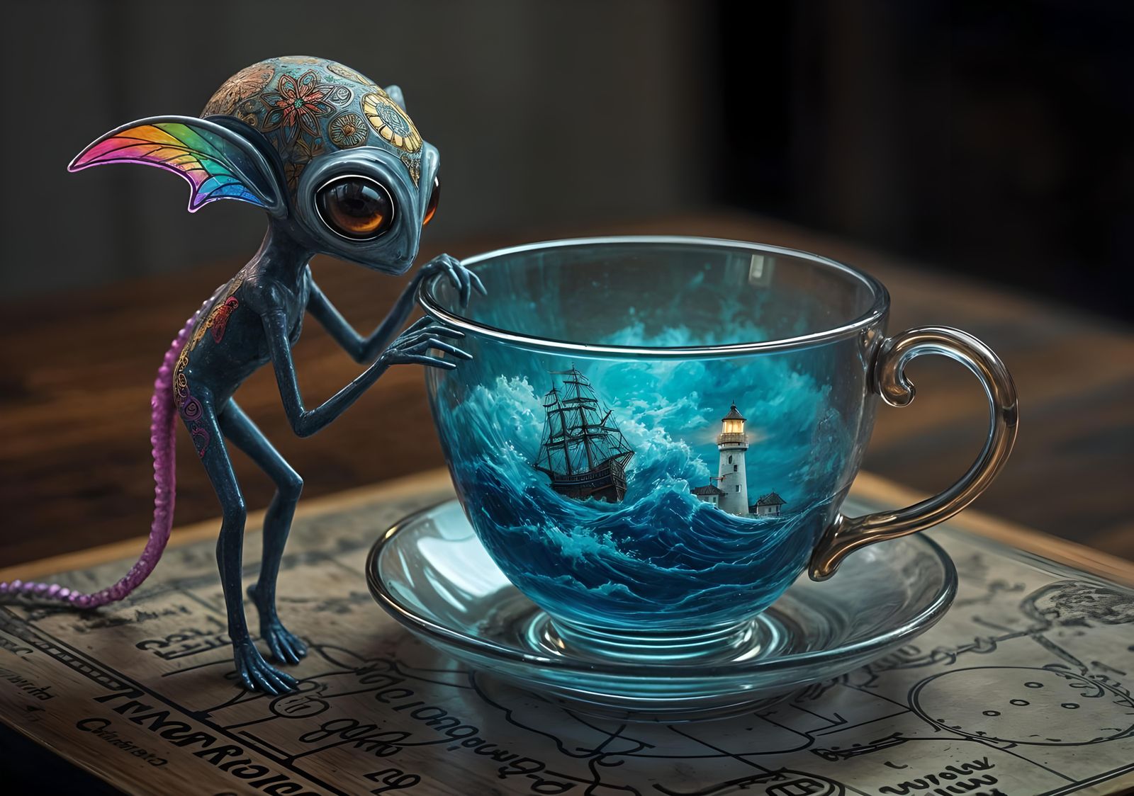 Alien Observes Stormy Ocean Teacup: Digital Art