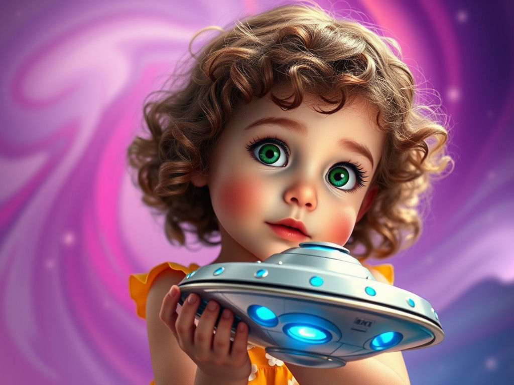 A little girl playing with a Futuristic toy flying saucer. Ultra-detailed hyperrealistic