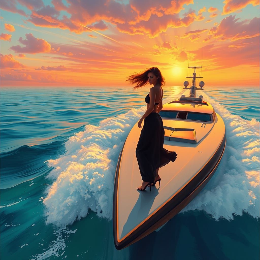 Woman on Futuristic Yacht at Sunset