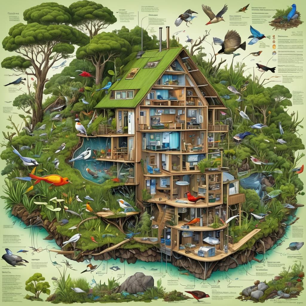 Futuristic Off-Grid Ecohouse and Ecosystem Diagram