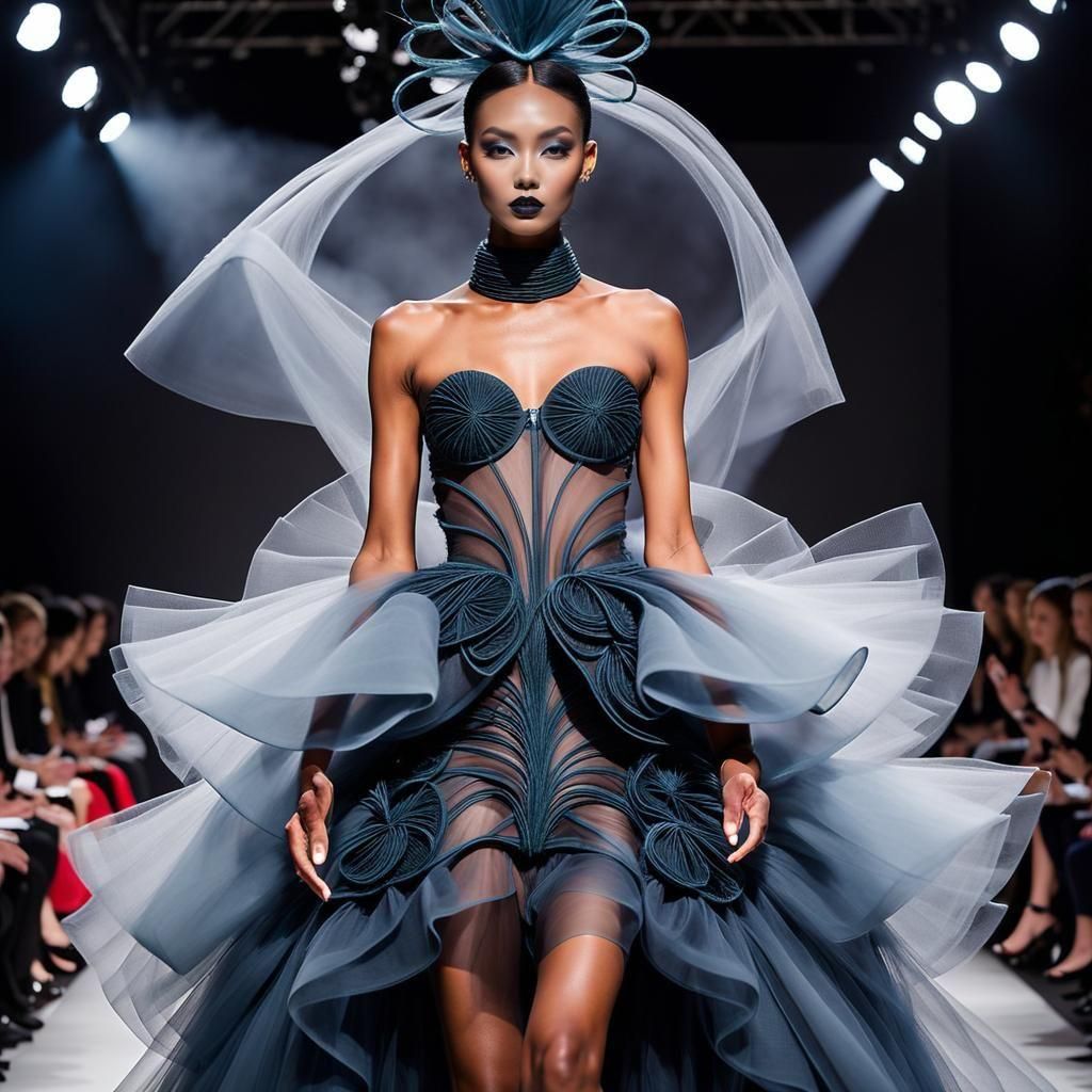 Avant-garde tulle outfit on the runway.