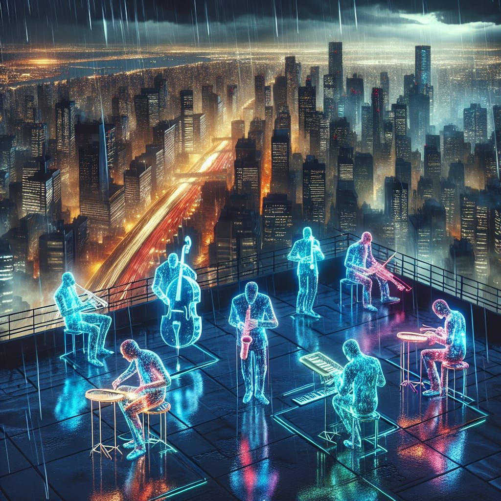 A futuristic jazz band made of holograms performing on a rooftop
