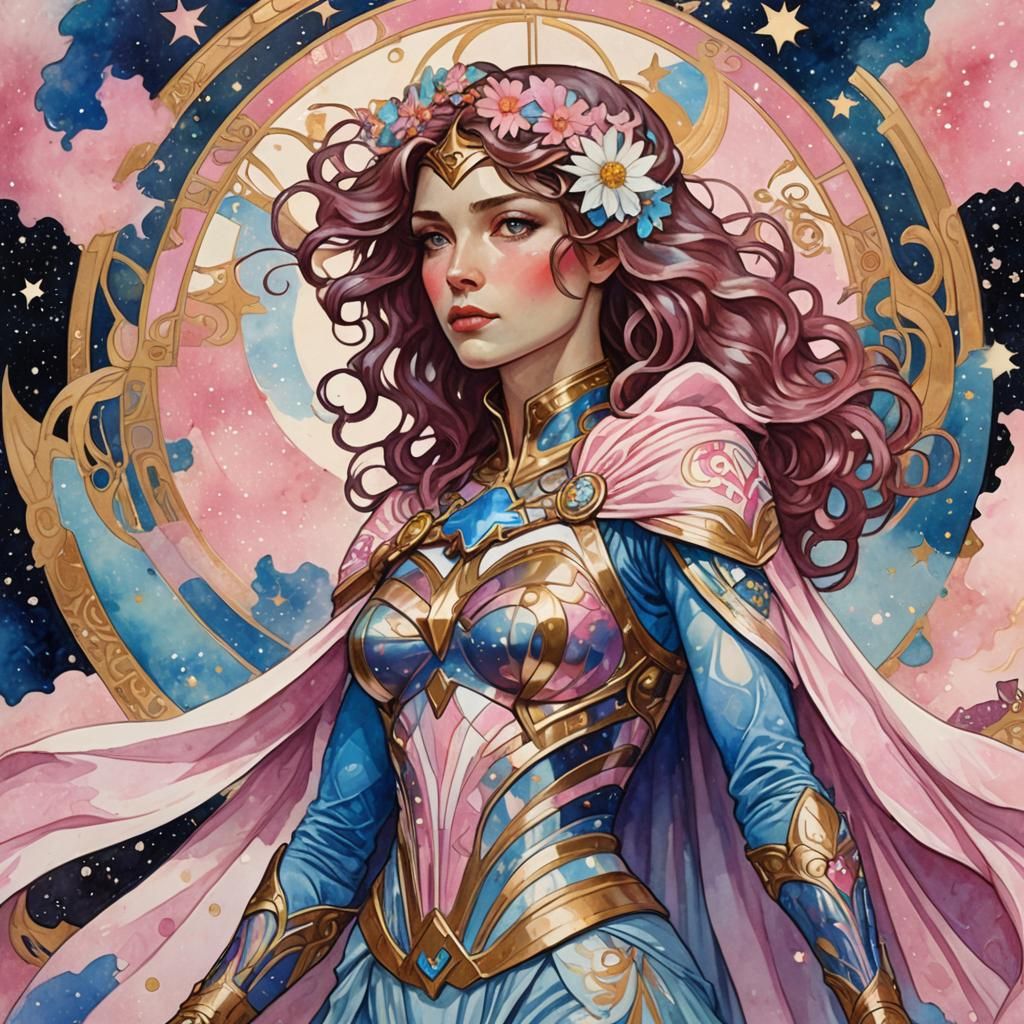 Art Nouveau Superheroine in Klimt Style Galaxy