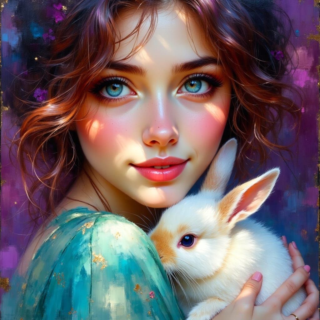 Woman Snuggling Bunny in Atmospheric Oil Painting