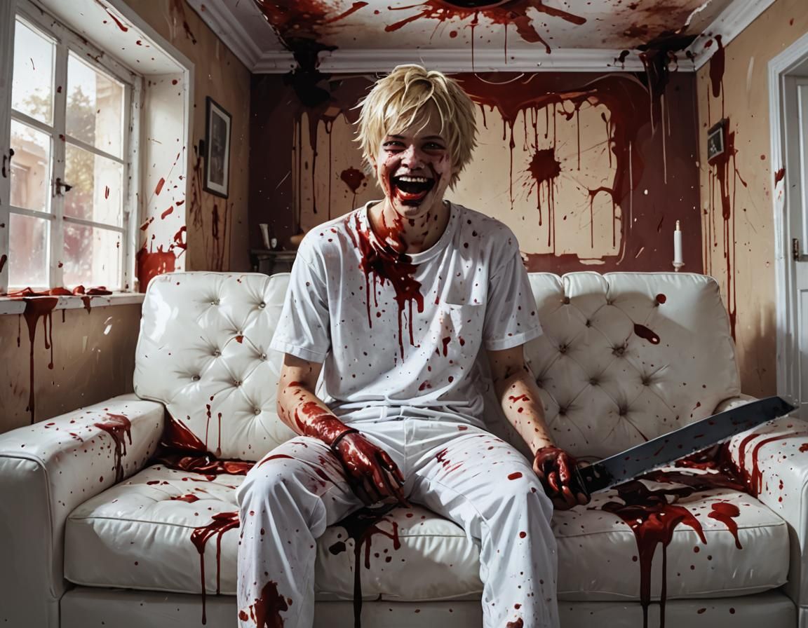 Horror Scene: Boy with Bloody Knife in White Room