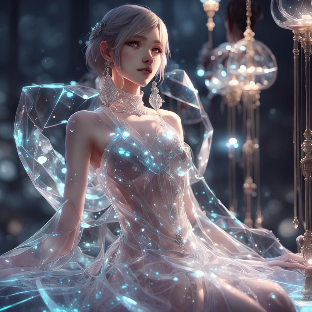 Woman in Glowing Glass Dress: 3D Anime Art