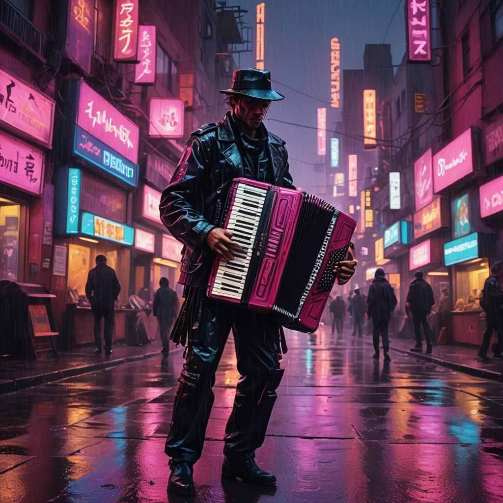 Cyberpunk Accordion Player in Neon Cityscape