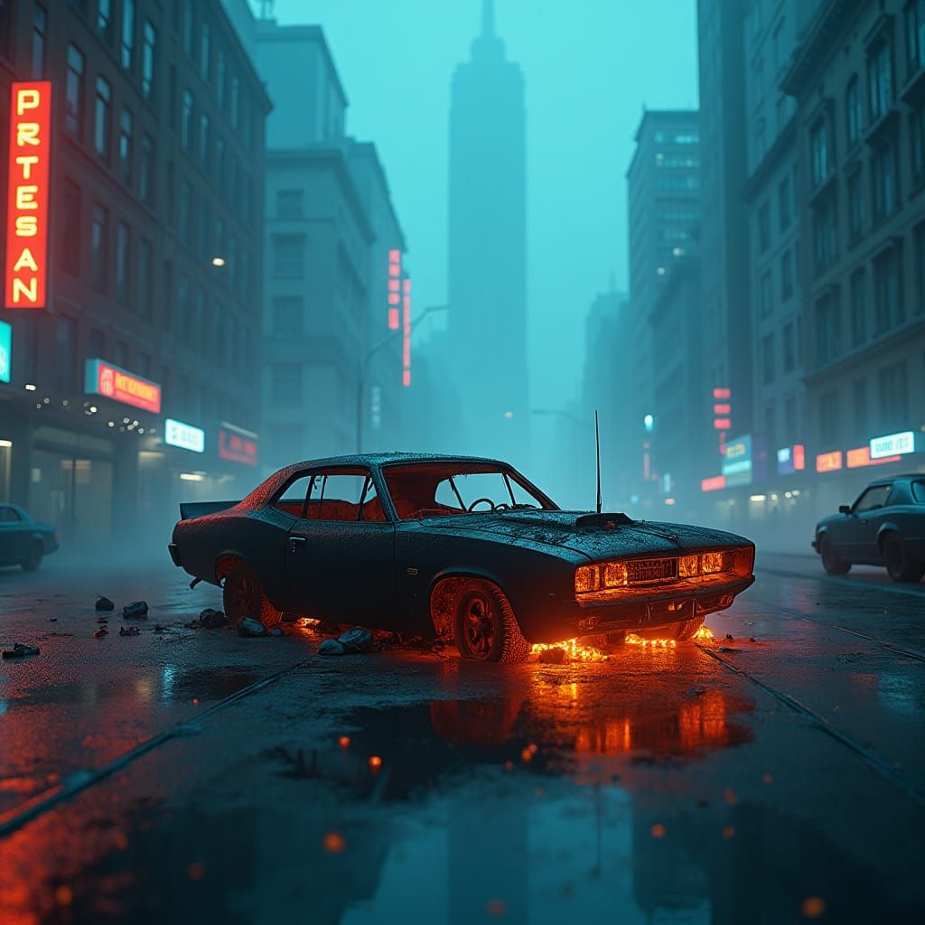 Futuristic City Street with Damaged Vehicle in Cyberpunk Sty...