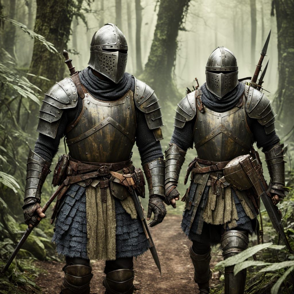 Two rugged medieval soldiers in knight's armor, bare faces, battle-scarred, armor dirty, making their way through a thic...