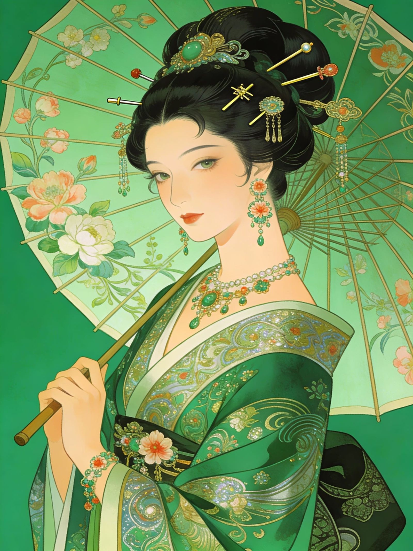 Woman in Ornate Kimono with Floral Parasol, Art Nouveau Styl...