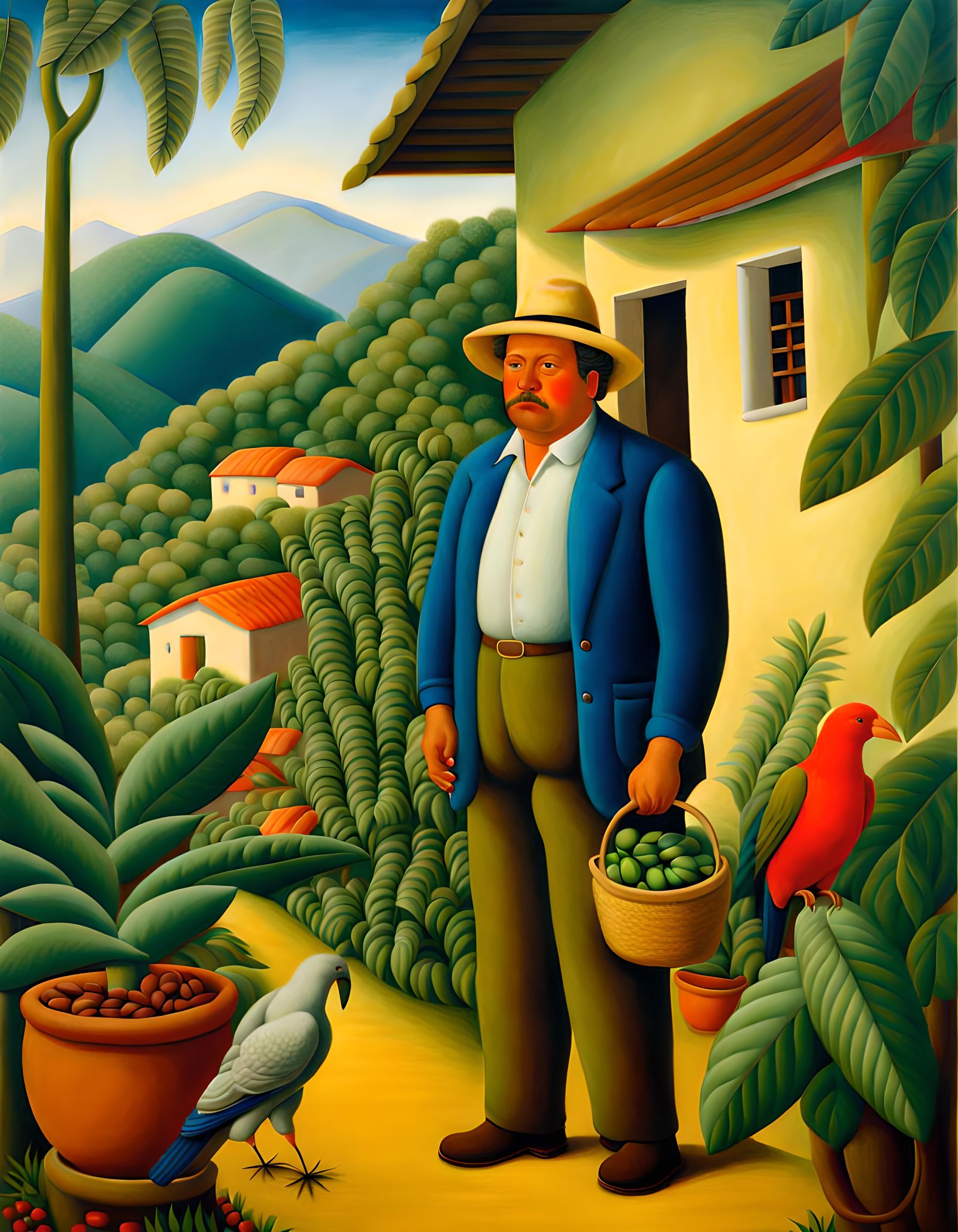 Coffee Farmer in Tropical Landscape, Botero Style