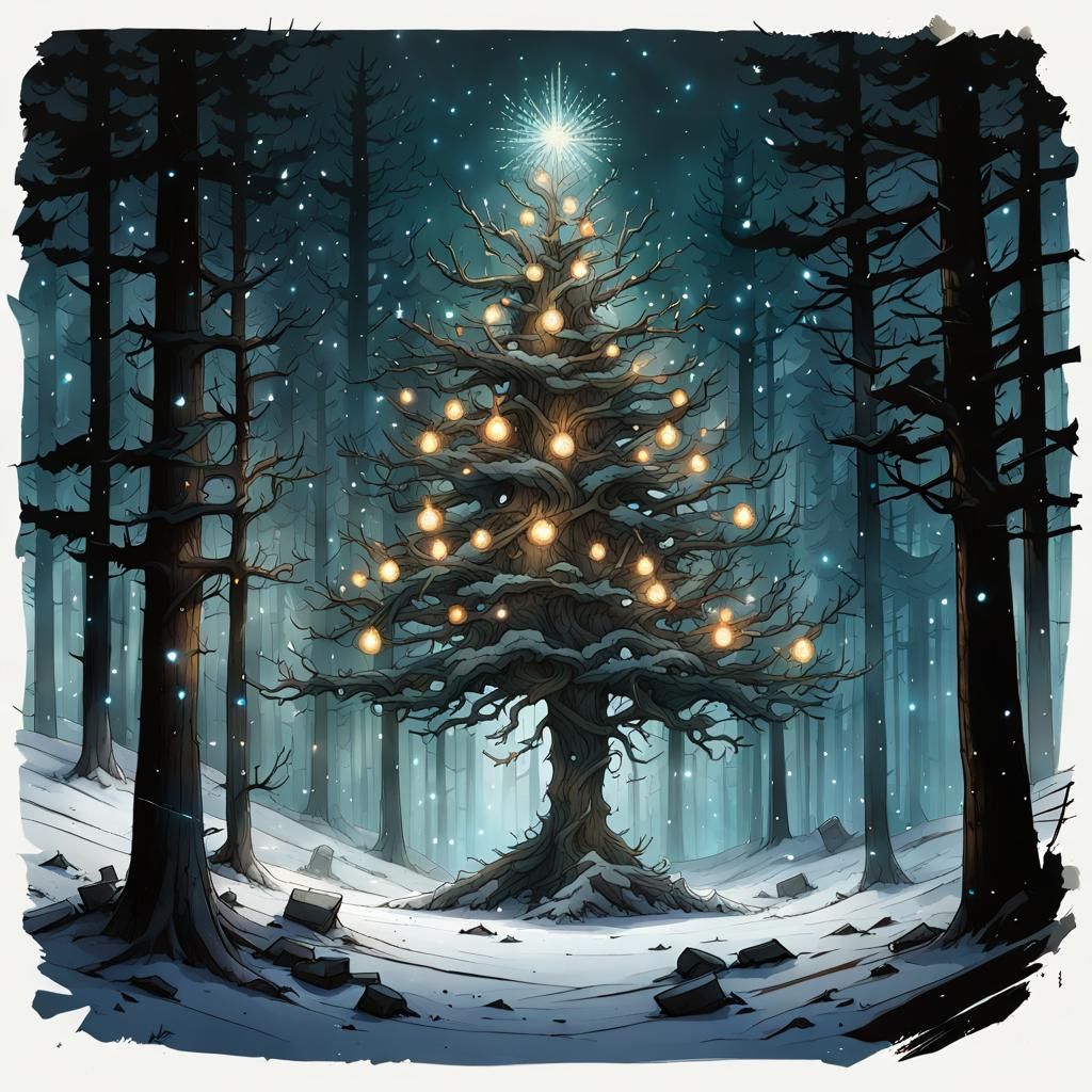 Strangled Christmas Tree in Dark Forest Watercolor
