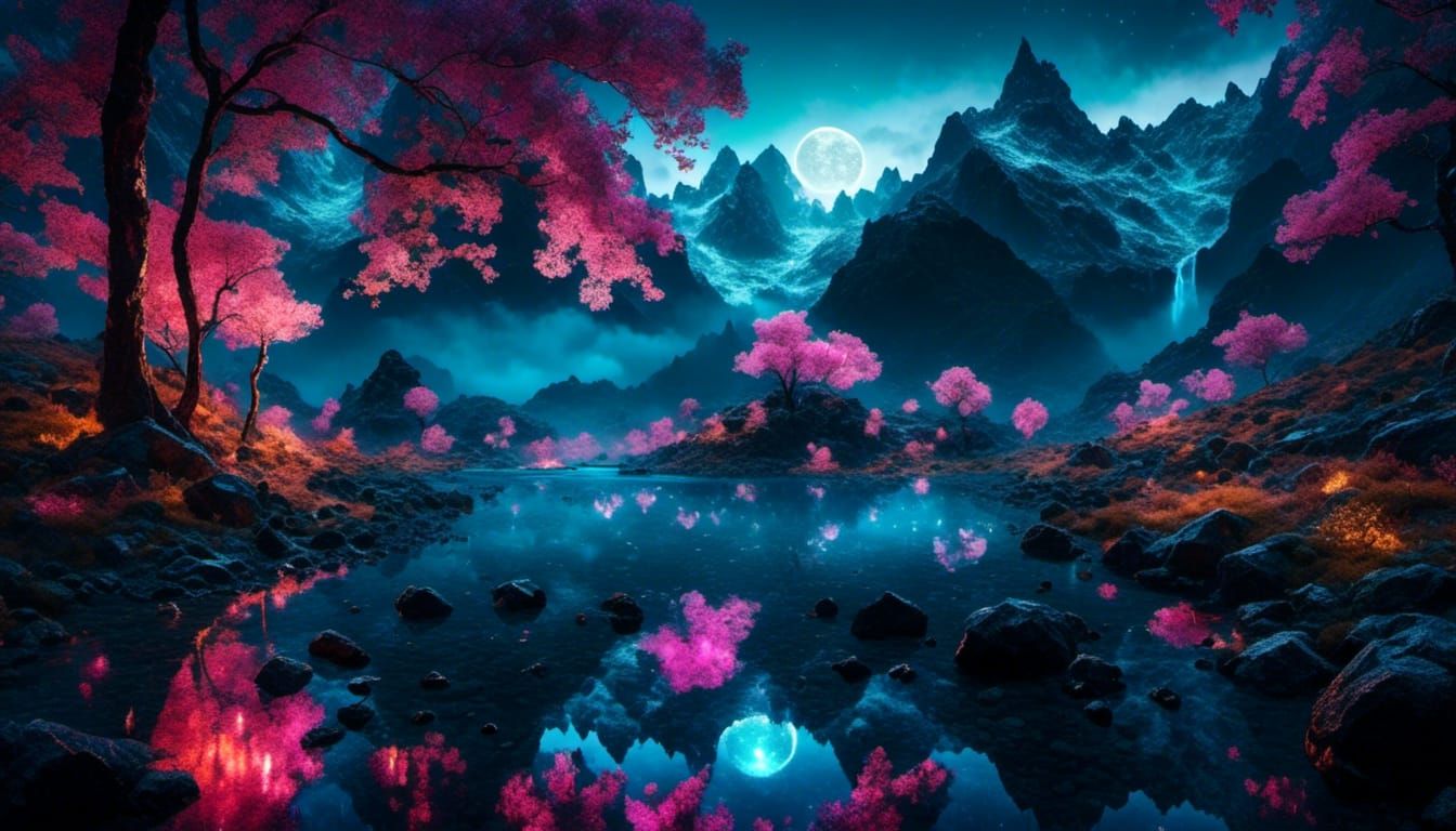 Fantastical Starry Night Landscape in 3D Style