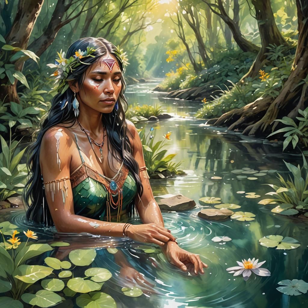 Native American Woman Bathes in Creek: Watercolor Art