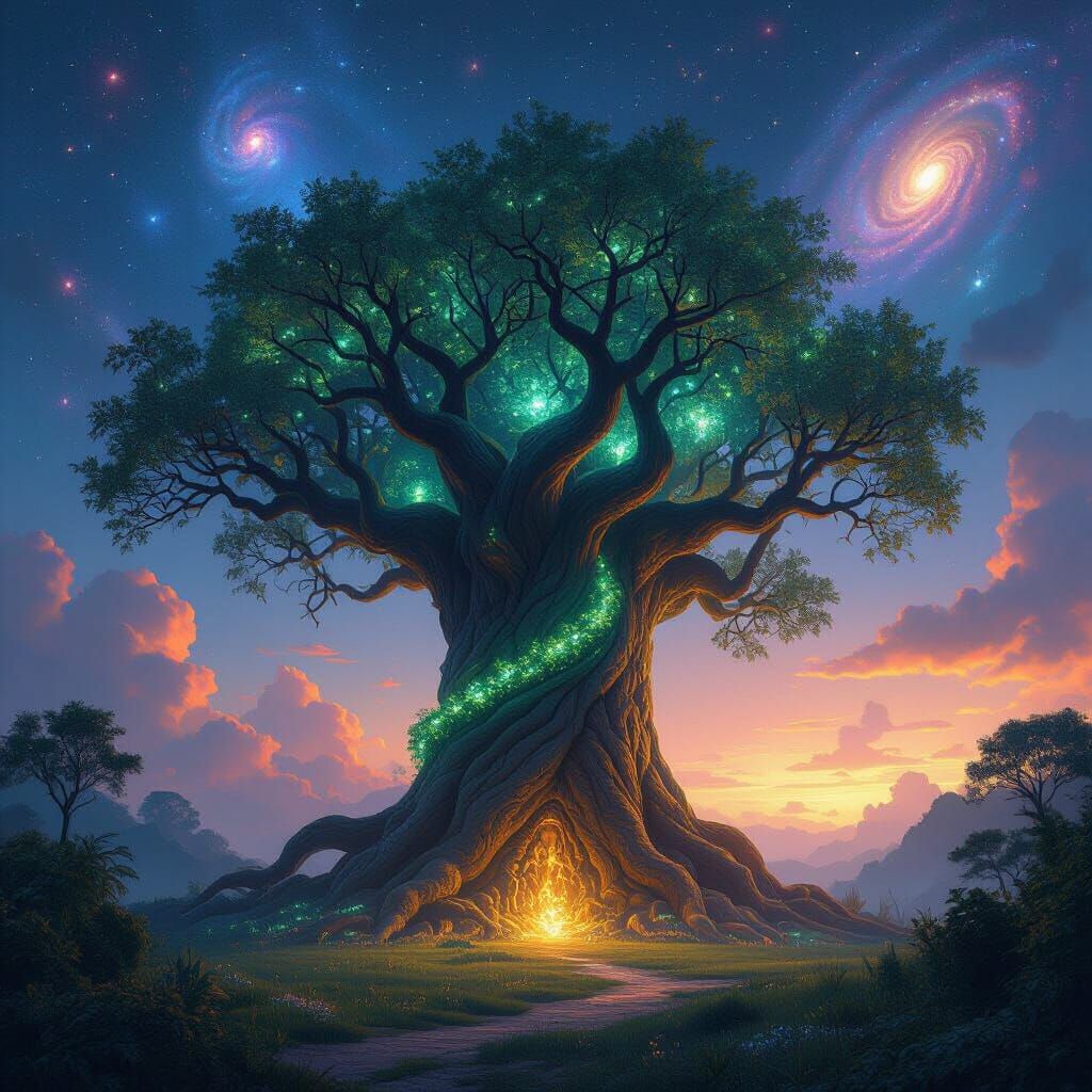 Colossal Ancient Tree with Bioluminescent Flora Under Galact...