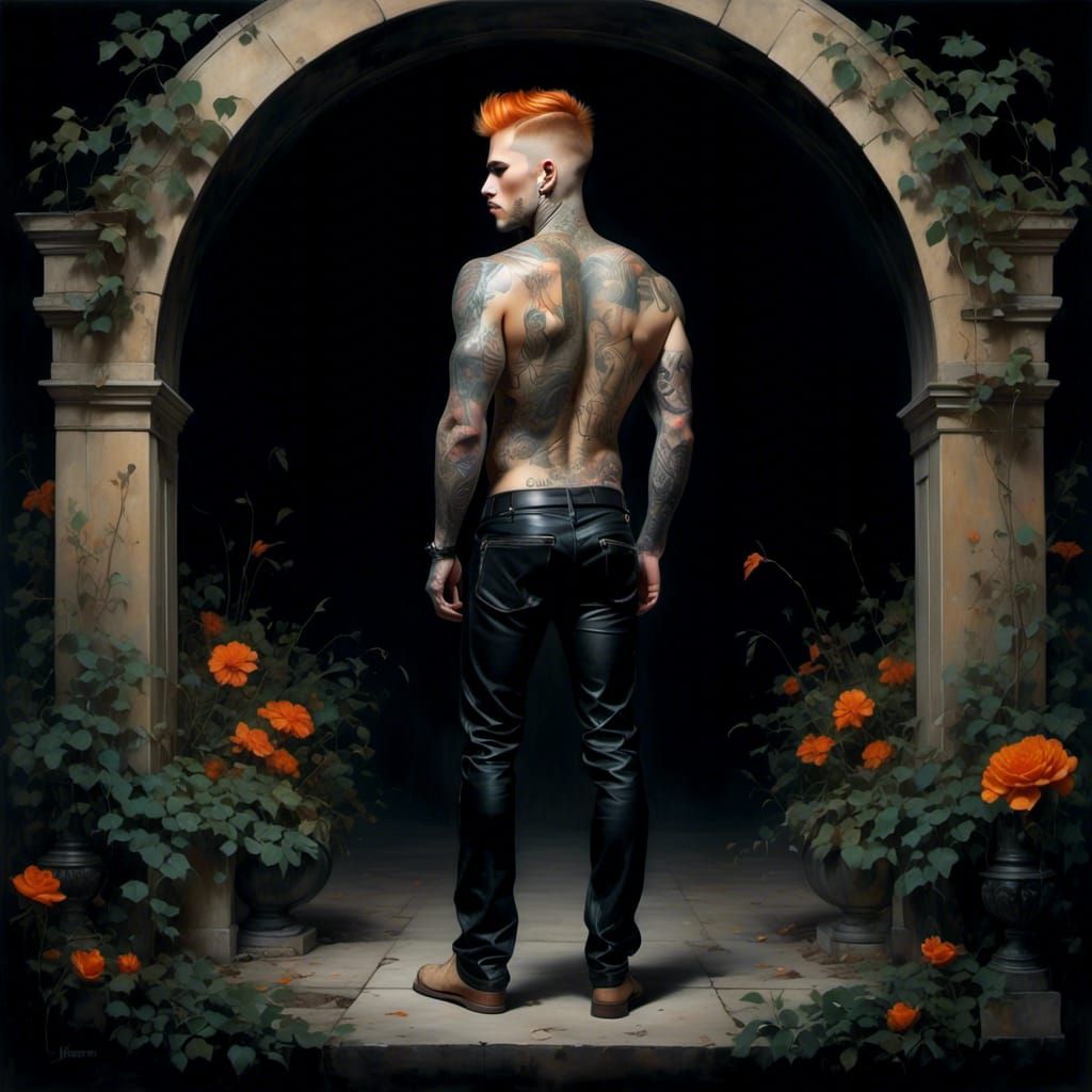 Punk Man Posing in Garden at Night