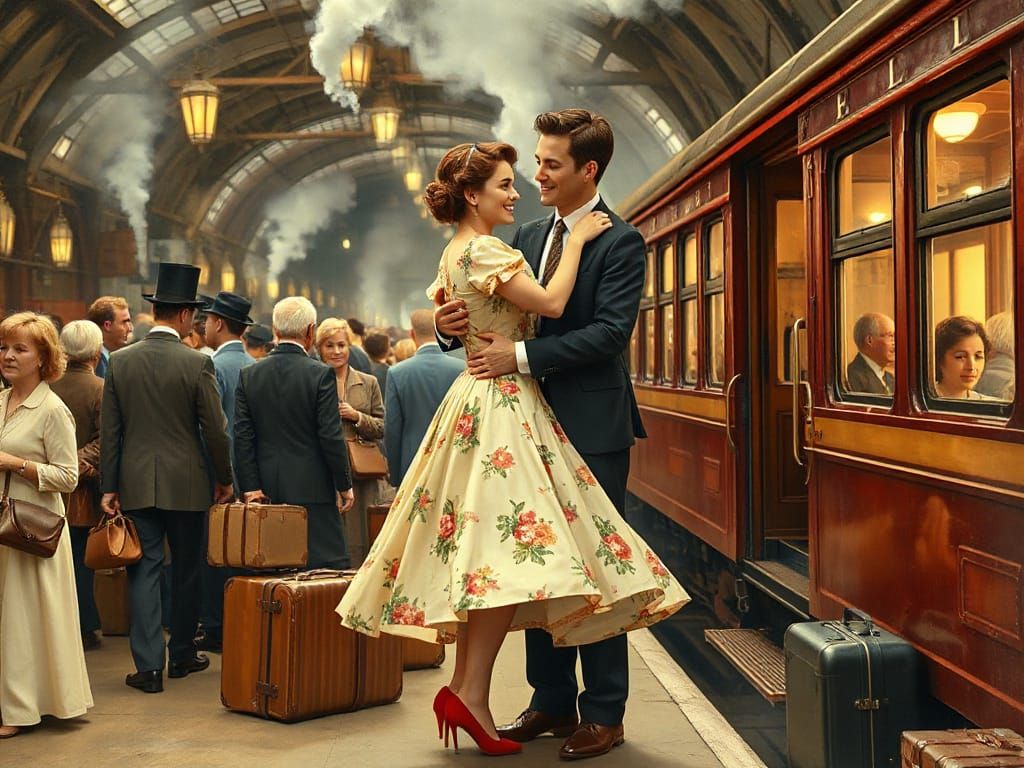 Vintage Love in Motion: Whimsical 1950s Train Station Scene