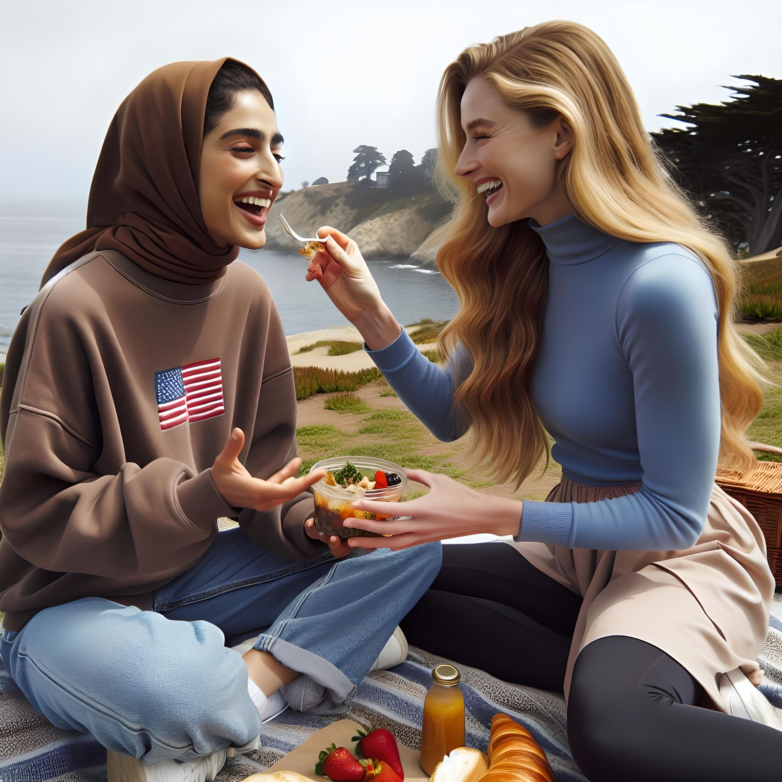 Women Share Picnic Overlooking Ocean