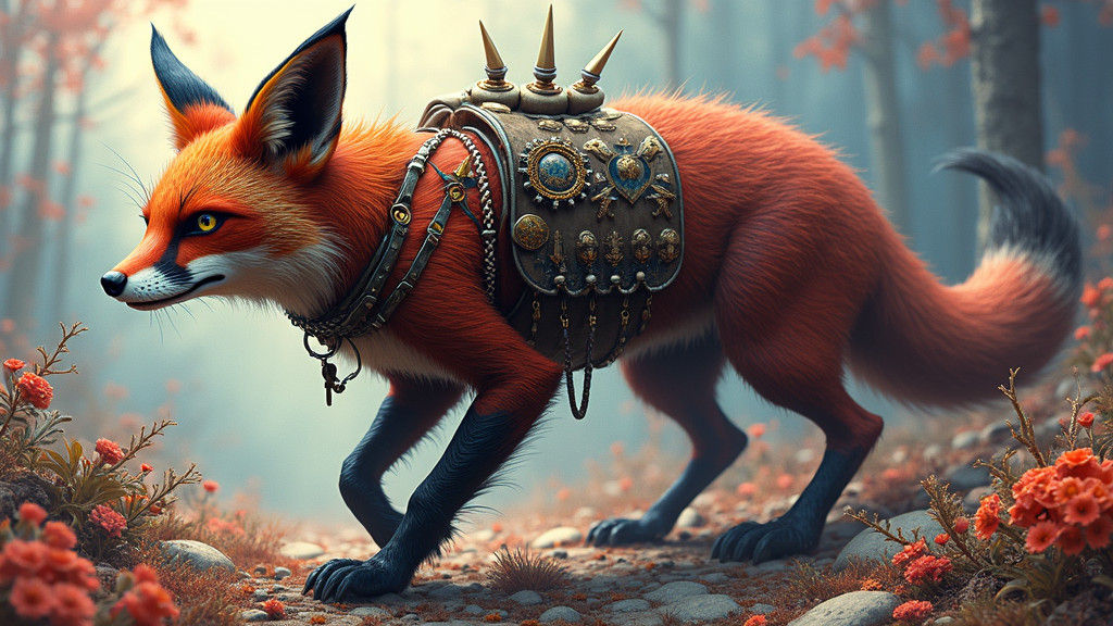 Fox-Spider Hybrid Mount for Raccoon Warrior in Surreal Style
