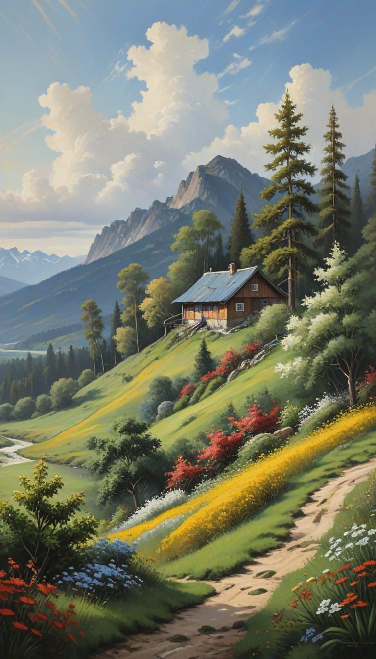 Realistic Mountain Landscape with Vibrant Colors and Peacefu...