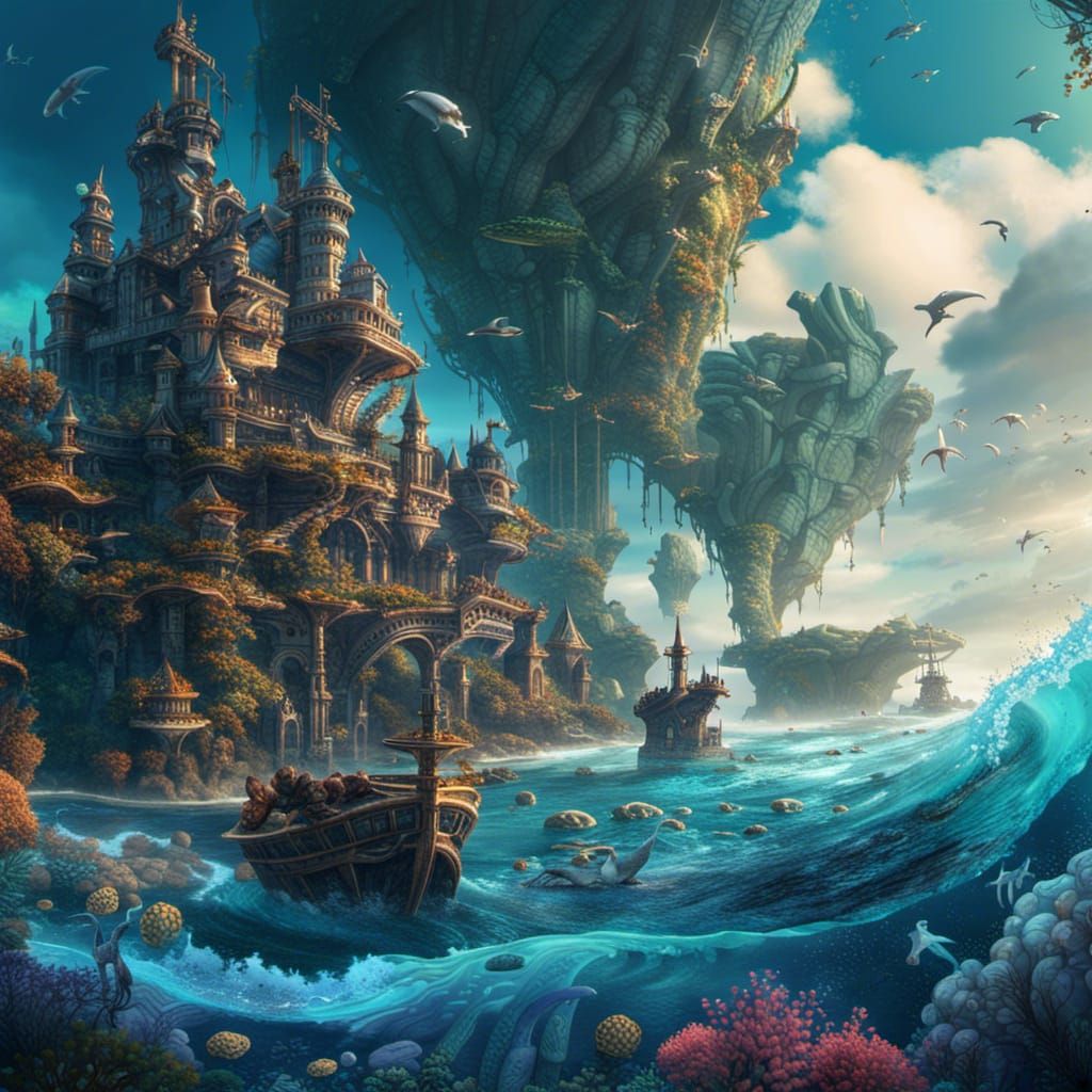 Futuristic Blue World: Ocean Life in Detailed Painting