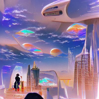 Futuristic Cityscape with Flying Vehicles in Cyberpunk Style