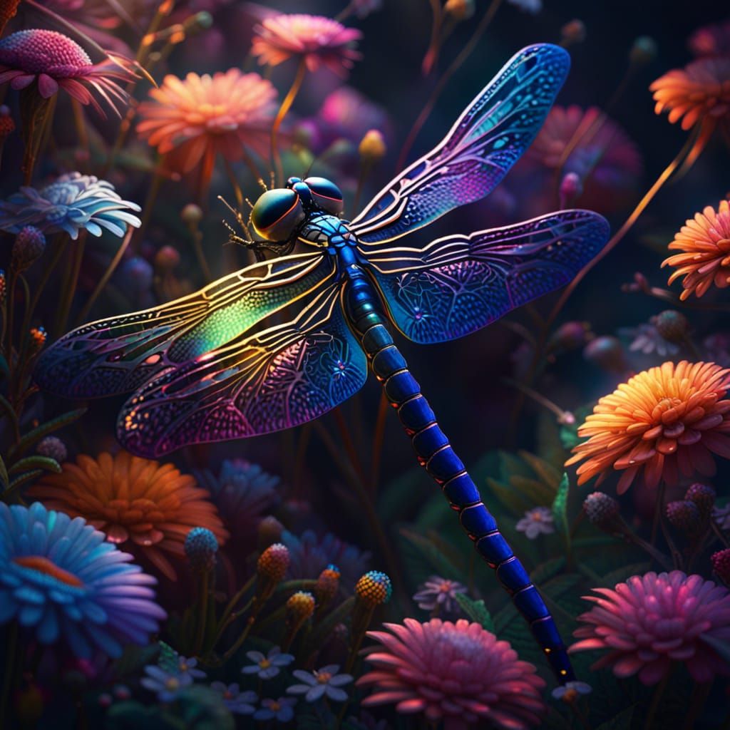 Iridescent Dragonfly Among Flowers in Volumetric Lighting