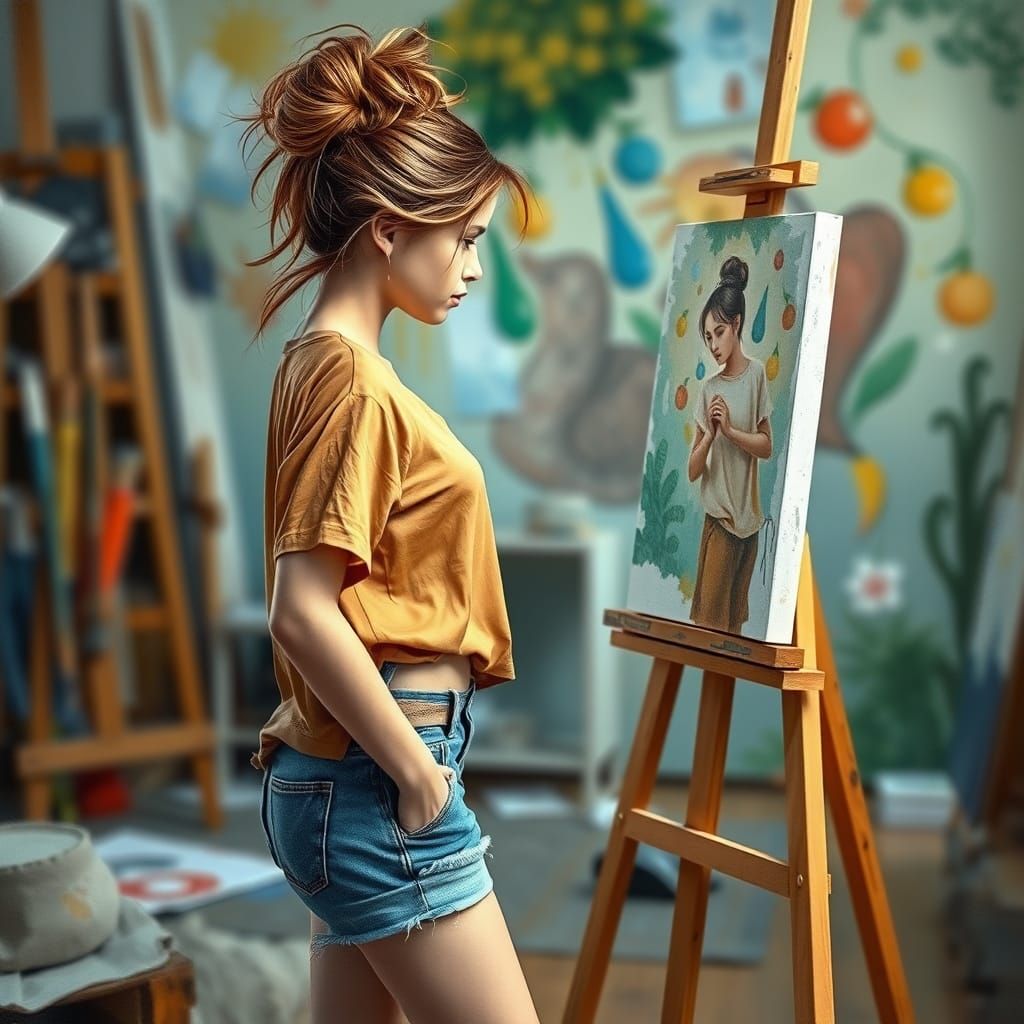 Trompe-I'ceil Style, watercolor, glossy, whimsical, side view of a young woman with messy chestnut hair with golden high...