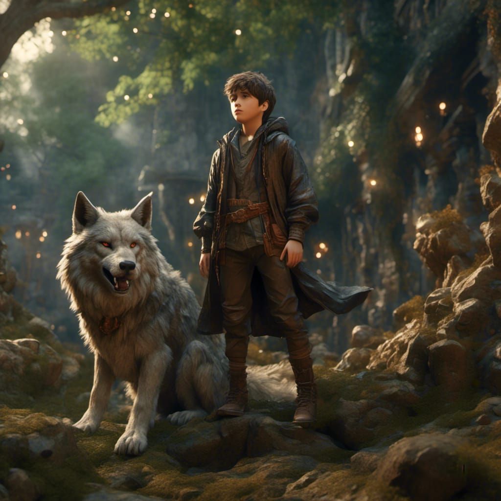 Wizard Confronts Wolf in Enchanted Forest: Digital Art