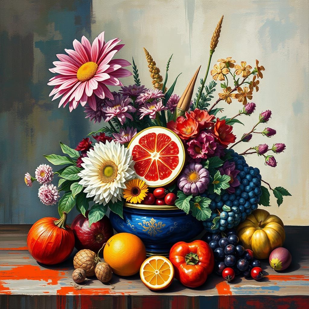 Still Life in Gouache Style with Watercolor Textures