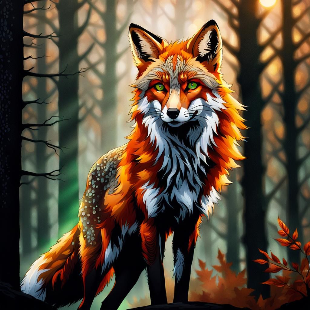 Red Fox in Autumnal Forest: Dark Fantasy Illustration
