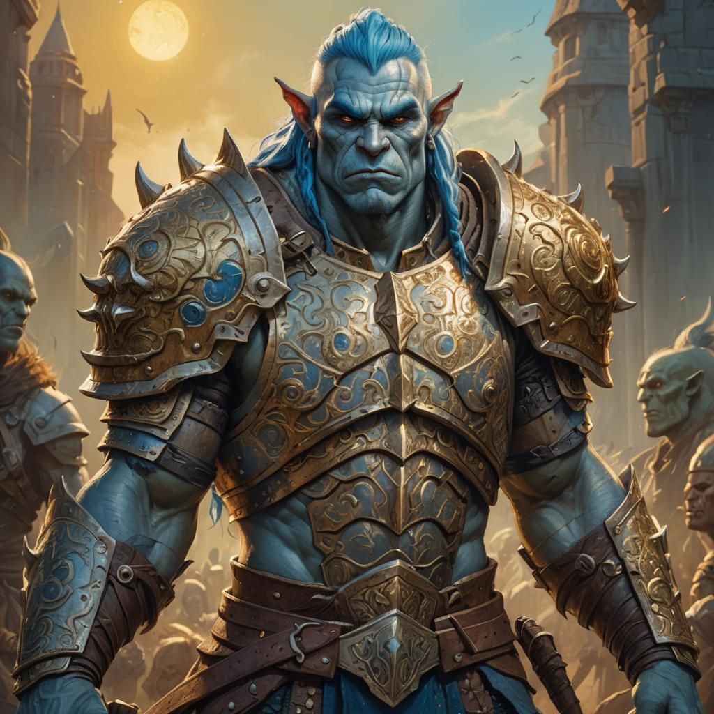Heroic Orc Warrior with Blue Hair, in Digital Art Style