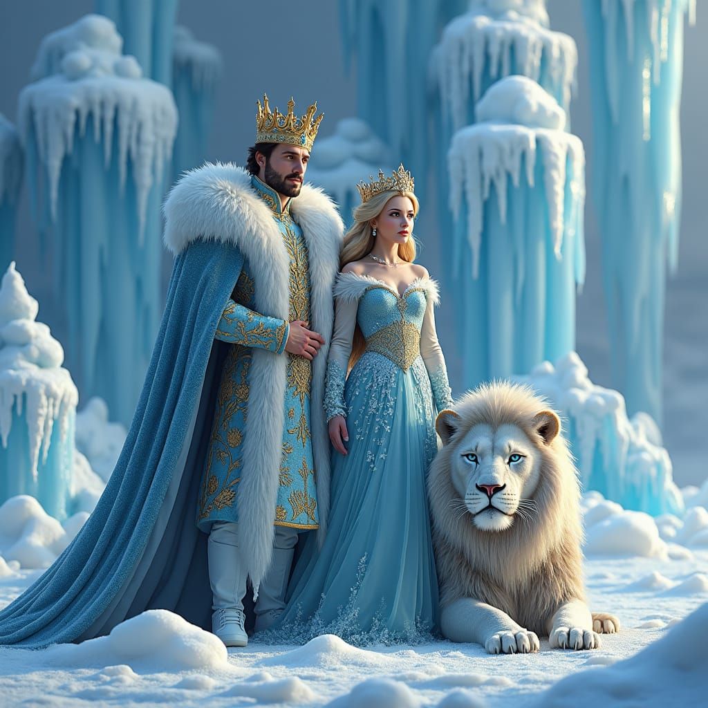 Icy Royal Couple with Lion in Frozen City