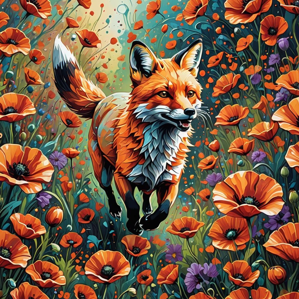 Fox in Poppy Field: Graffiti Art Impressionism