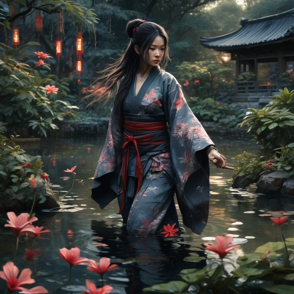 Mysterious Ninja in Hibiscus Garden: Dark Fantasy Art