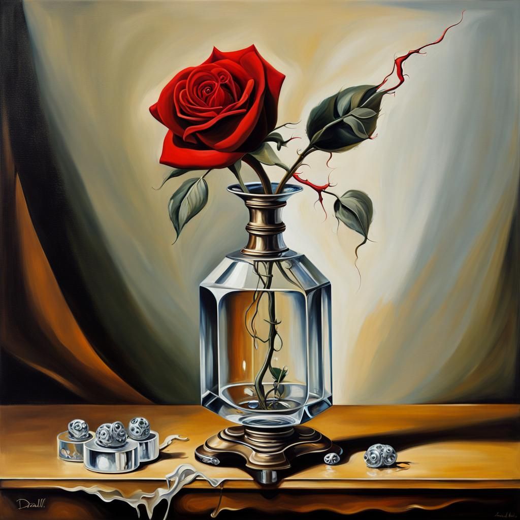 Still Life oil painting of a cristal flower vase with a lonely red rose 
     Salvador Dali matte background melting oil...
