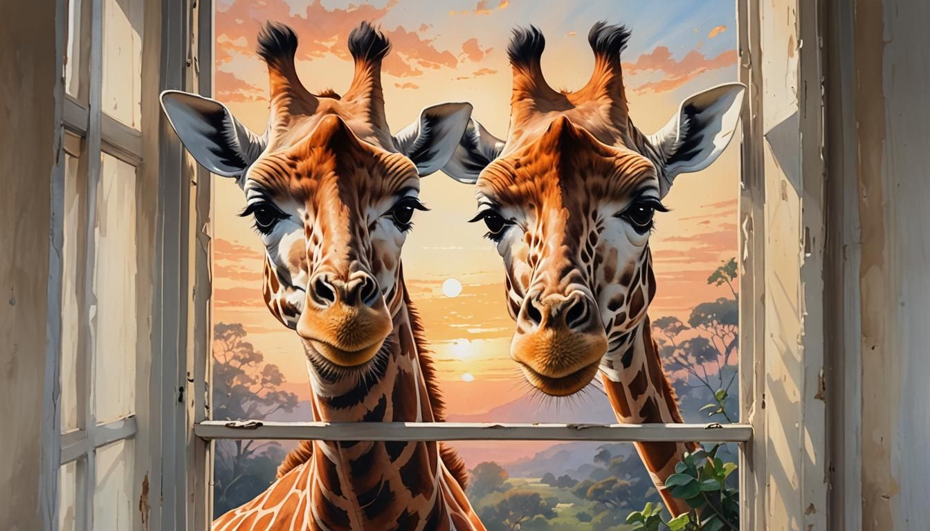 Cute Giraffe Kisses Female in Sunrise Splendor