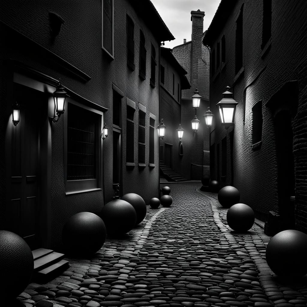 chiaroscuro style of a A narrow cobblestone  alley