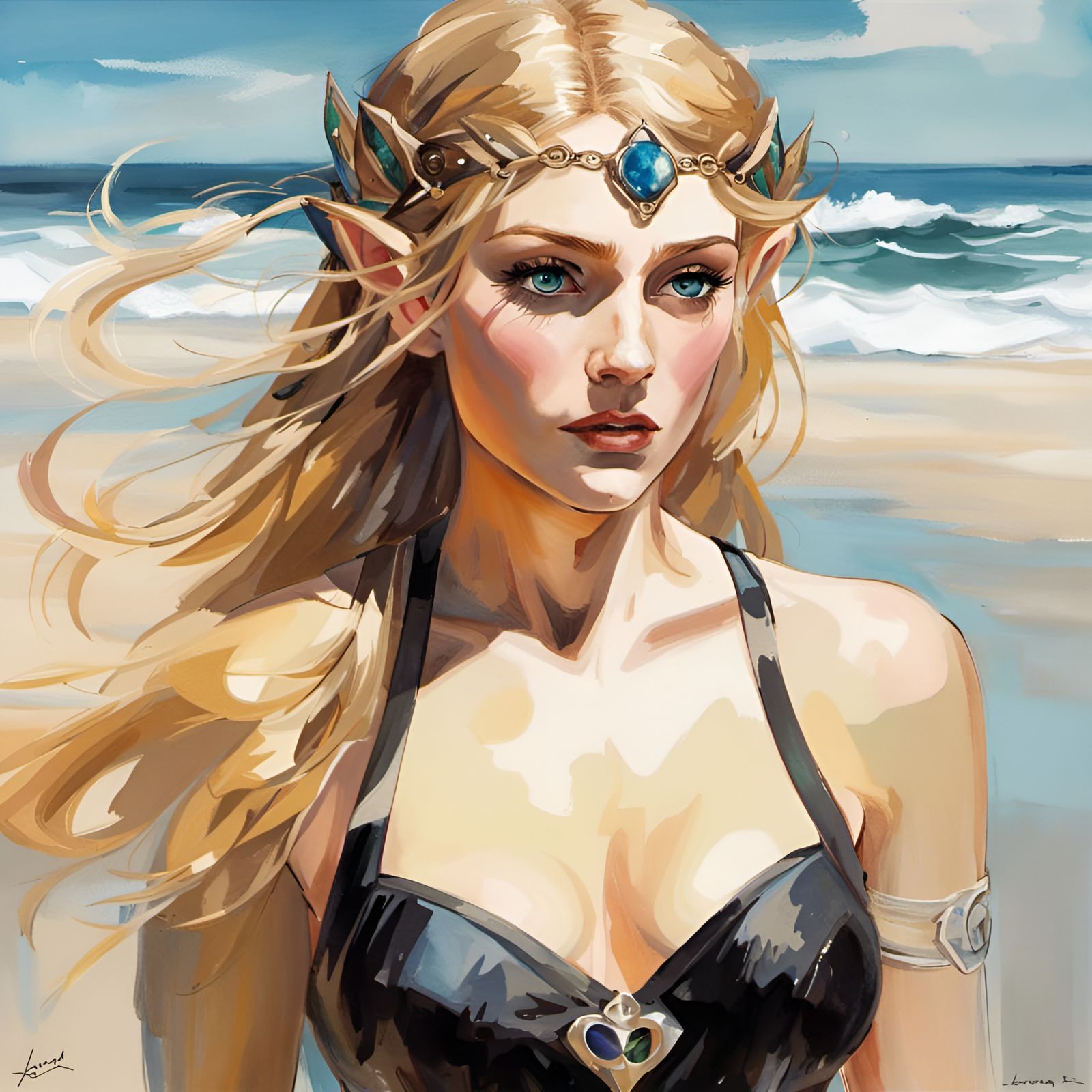 Princess Zelda Beach Portrait in Pin-Up Style