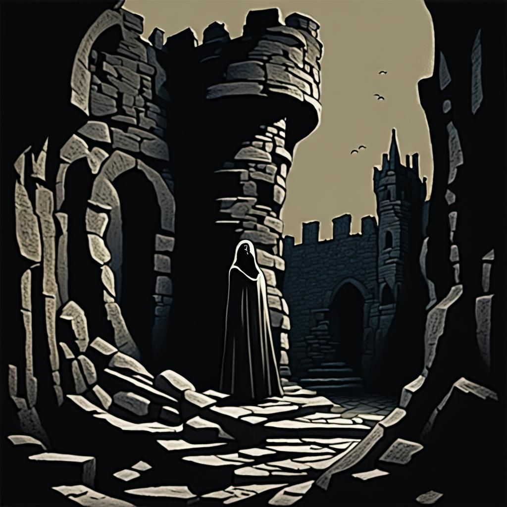 Figure in Crumbling Castle: Dark Expressionism