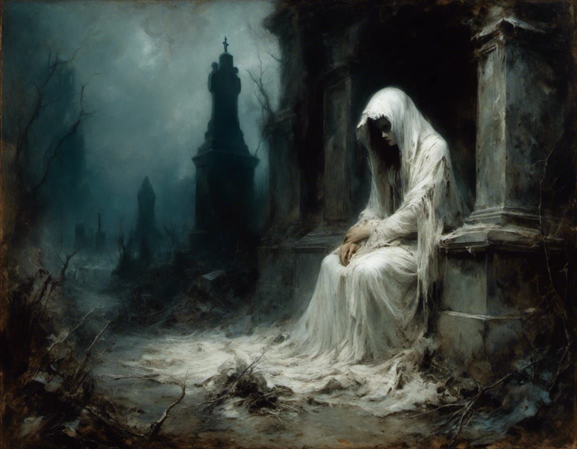 Macabre Woman Hiding in Cemetery: Horror Painting