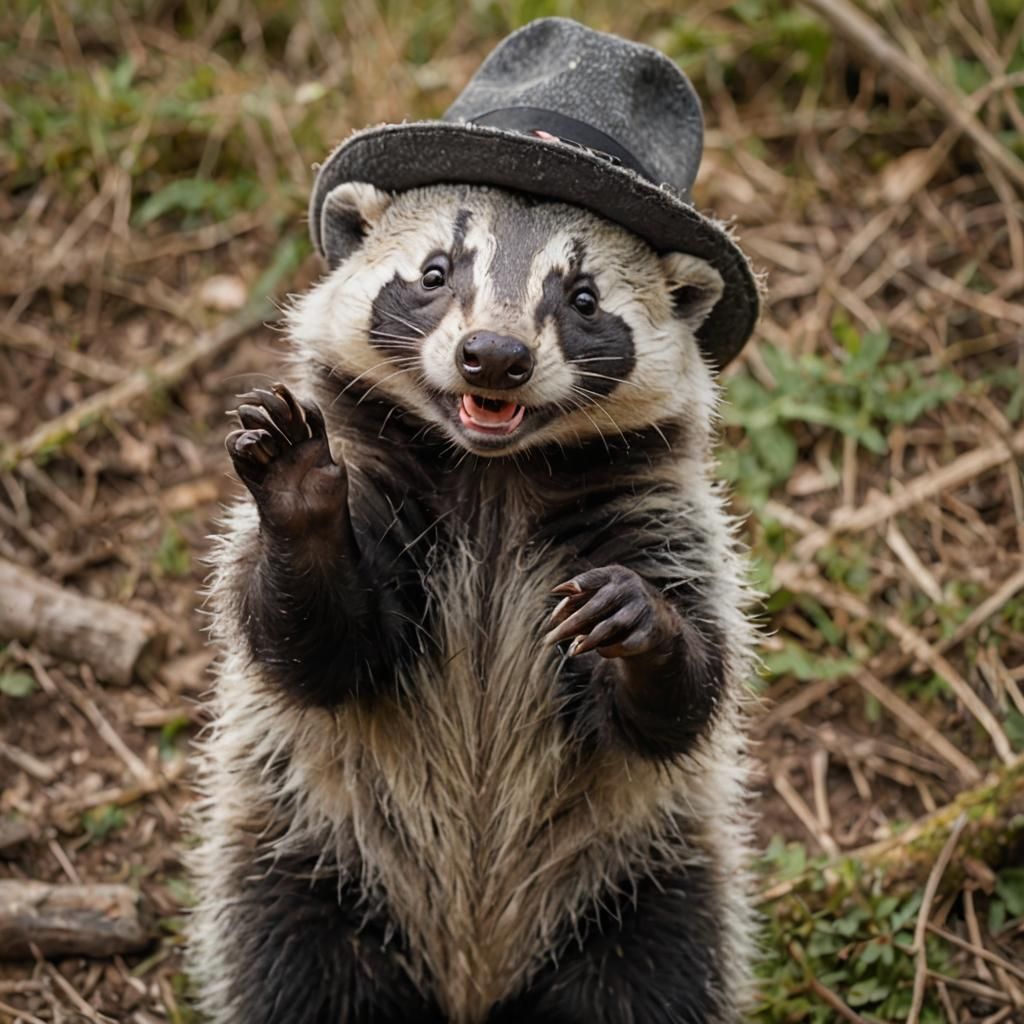 Happy Badger Waving Hello Wearing a Hat